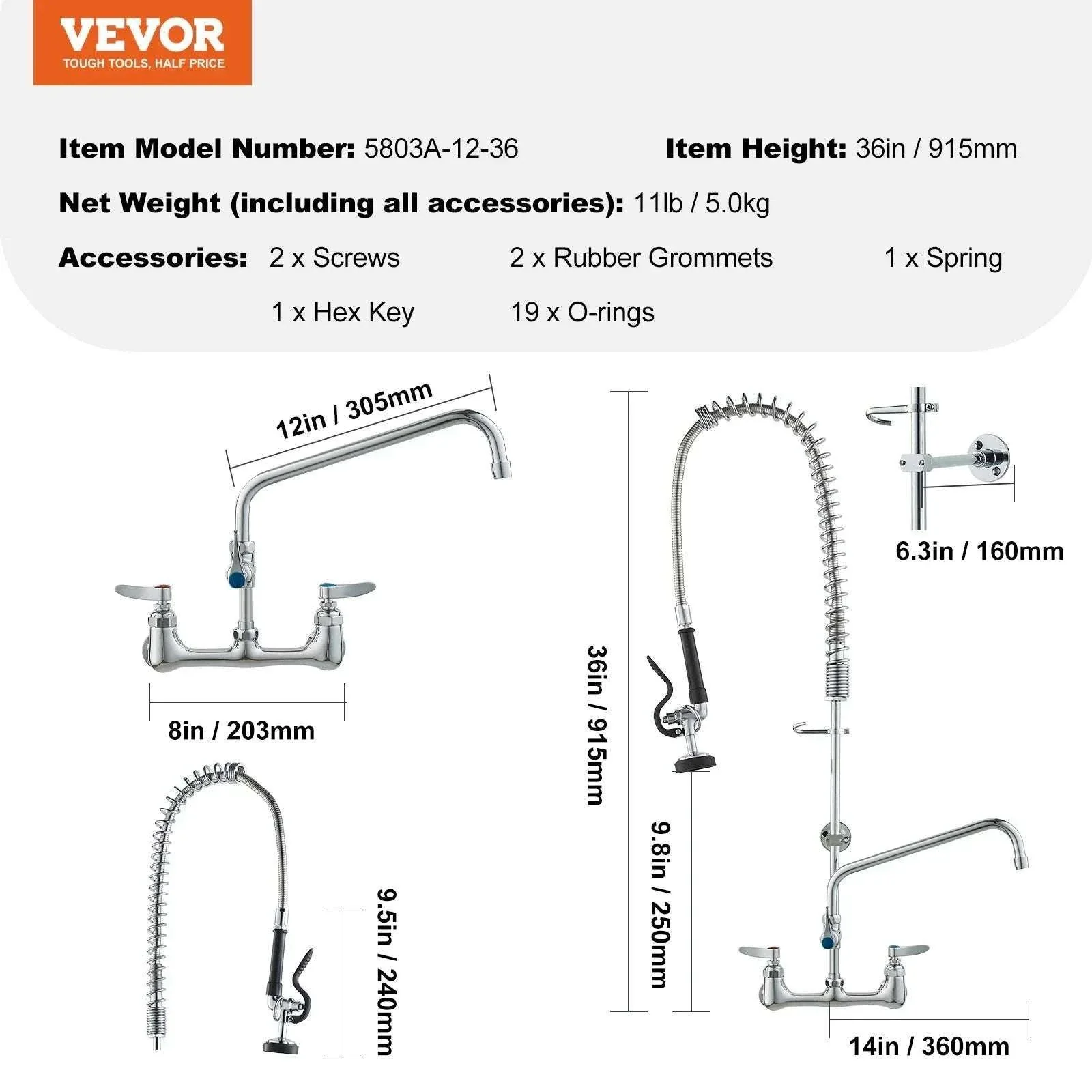 Commercial Wall Mount Kitchen Faucet with Pre-Rinse Sprayer - Image 9