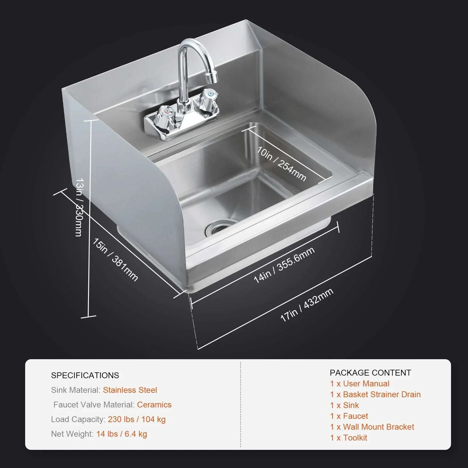Commercial Stainless Steel Hand Sink with Faucet & Side Splash - Image 16