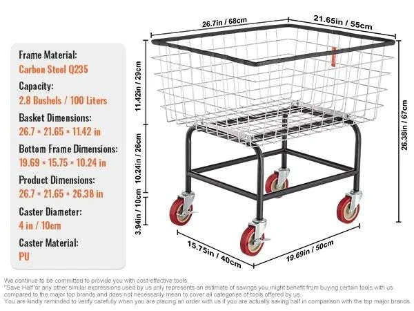 Heavy Duty Wire Laundry Cart with Wheels 2.8 Bushel Capacity - Image 13