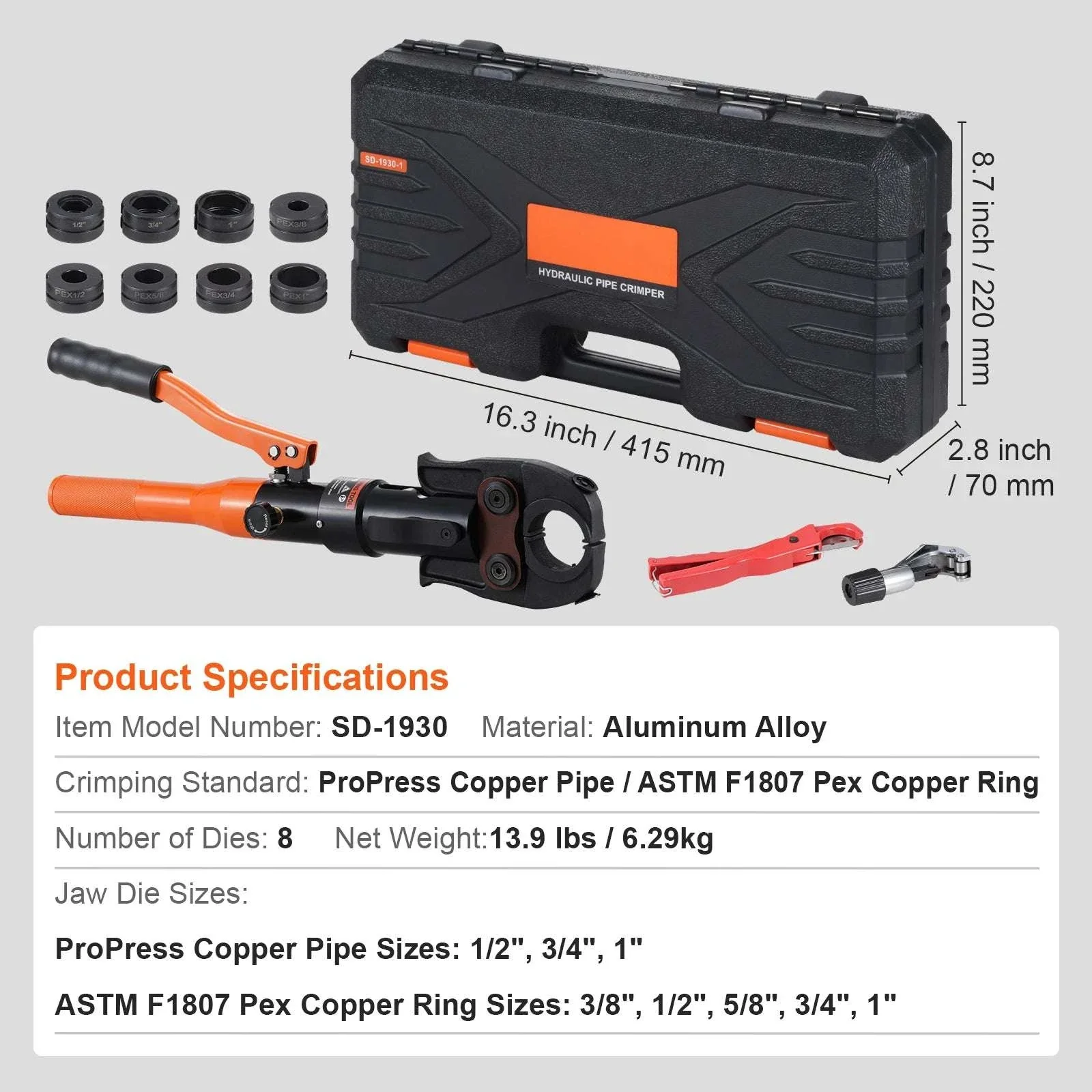Hydraulic Copper Pipe Crimping Tool with 8 Dies for PEX Rings - Image 14