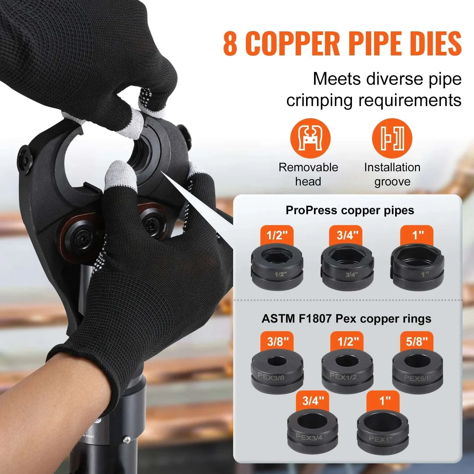 Hydraulic Copper Pipe Crimping Tool with 8 Dies for PEX Rings - Image 3