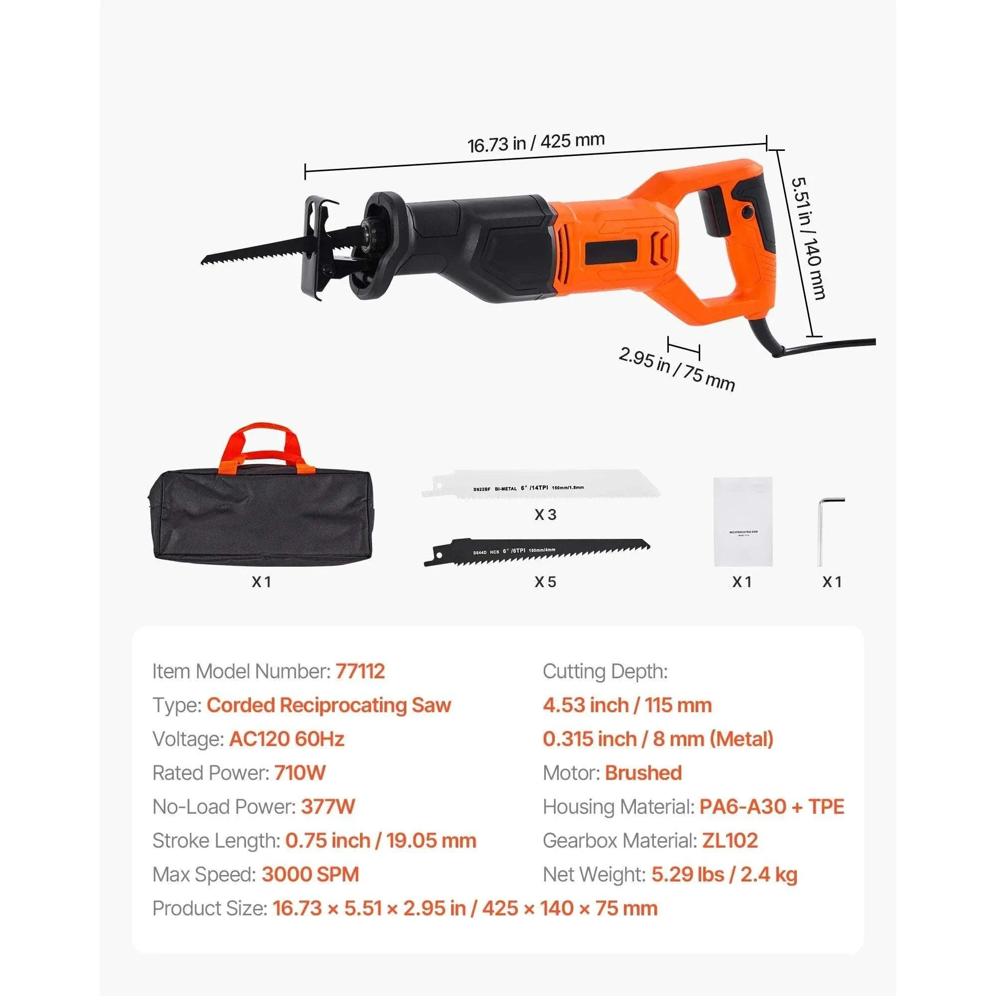 Corded Reciprocating Saw 7.5 Amp 2800 SPM Variable Speed Kit - Image 17