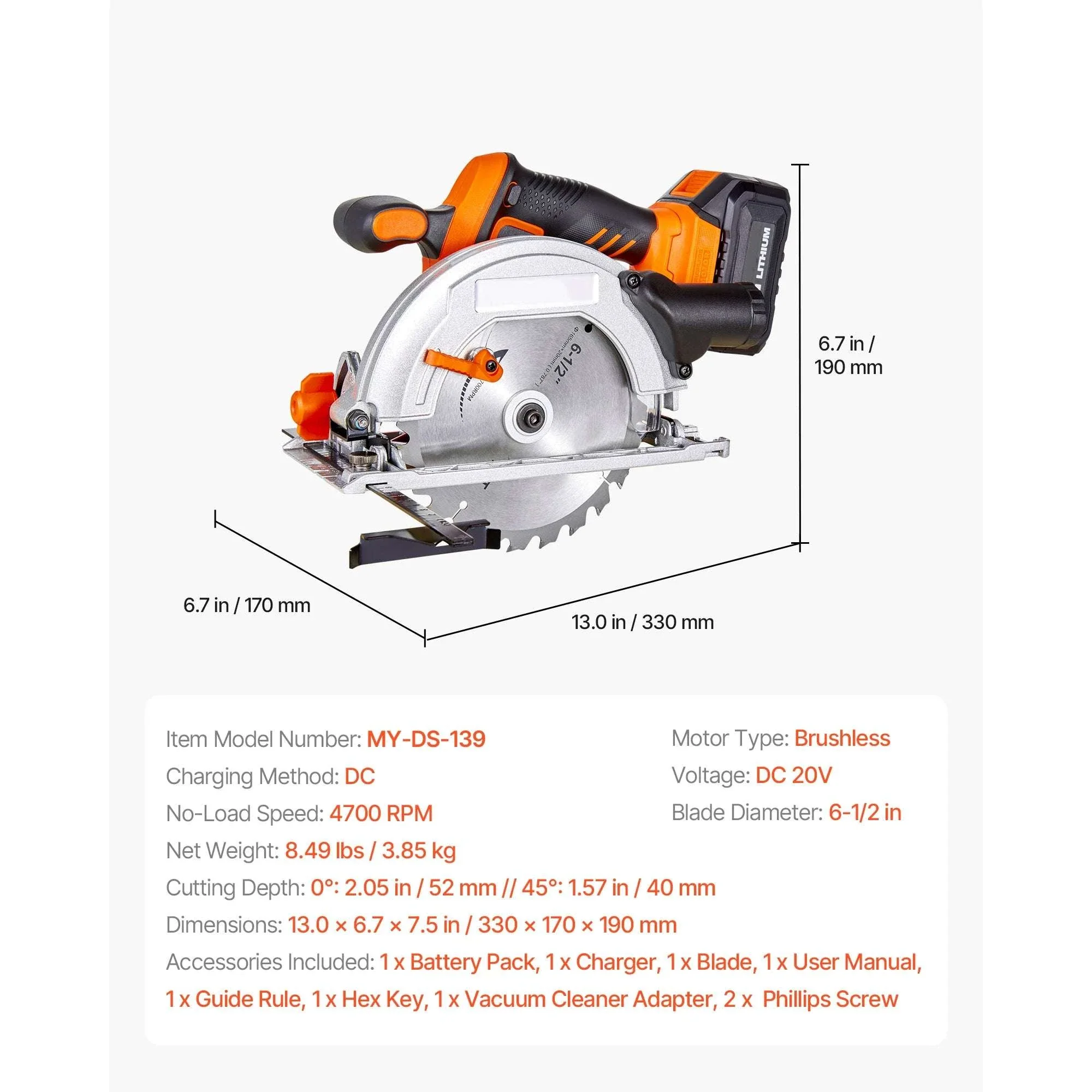 20V Cordless Circular Saw 4700 RPM 6-1/2" Blade with Battery - Image 14