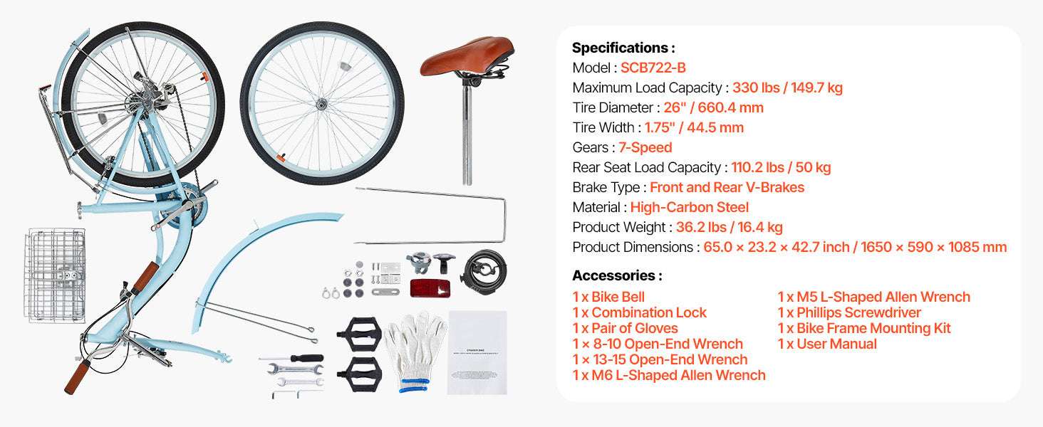 24/26 Inch Cruiser Bike with Basket & Rear Rack, 7-Speed Comfort Ride - Image 13