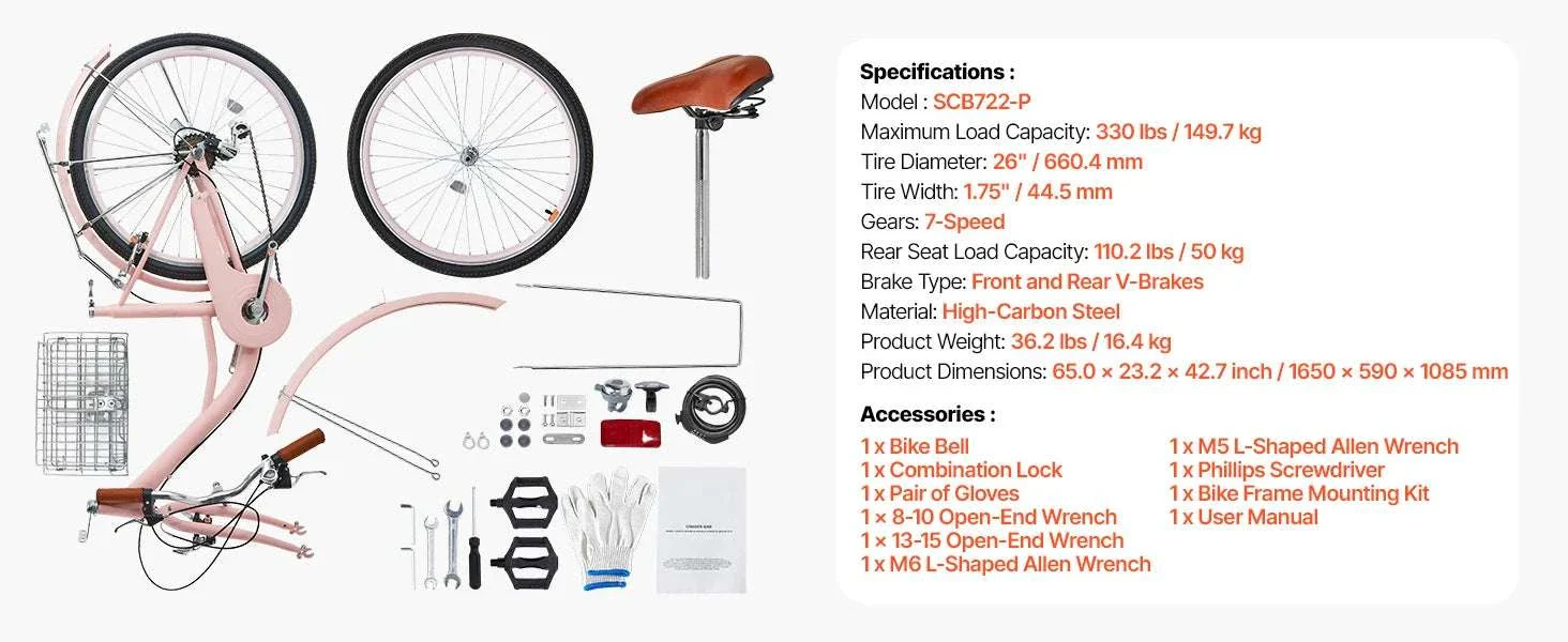 24/26 Inch Cruiser Bike with Basket & Rear Rack, 7-Speed Comfort Ride - Image 15