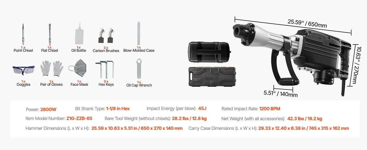 2800W Electric Demolition Jack Hammer 1200 BPM Concrete Breaker Kit - Image 18