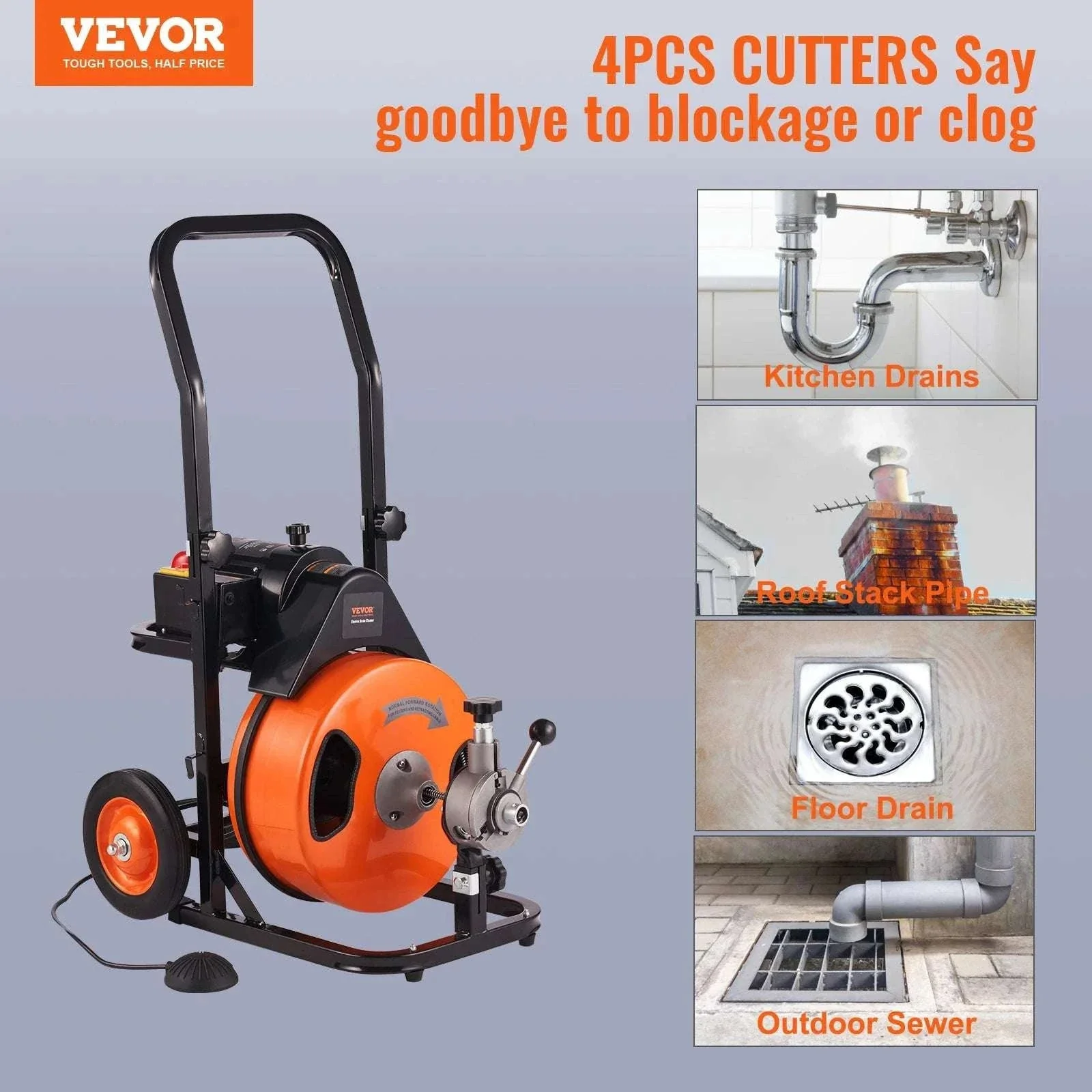 Electric Drain Cleaning Machine 75FT–100FT Sewer Snake with Auto Feed - Image 2