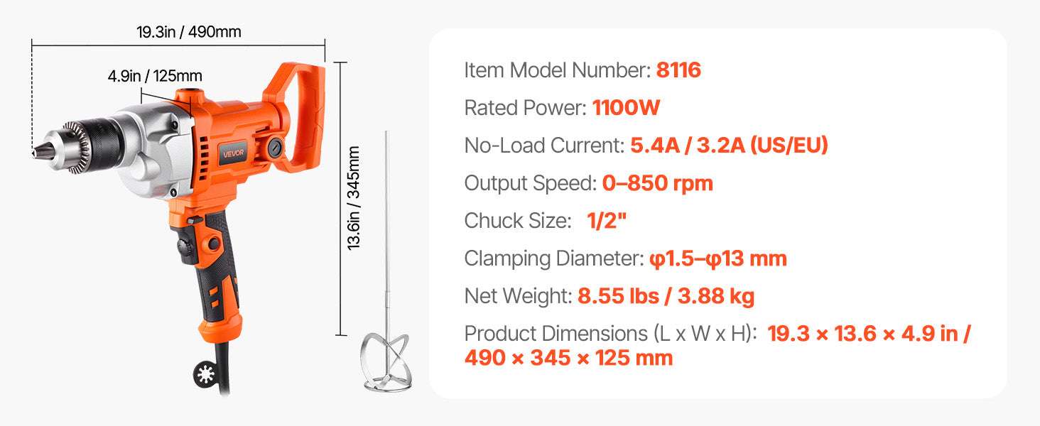 1100W Corded Drill Mixer with D-Handle & Variable Speed Control - Image 17
