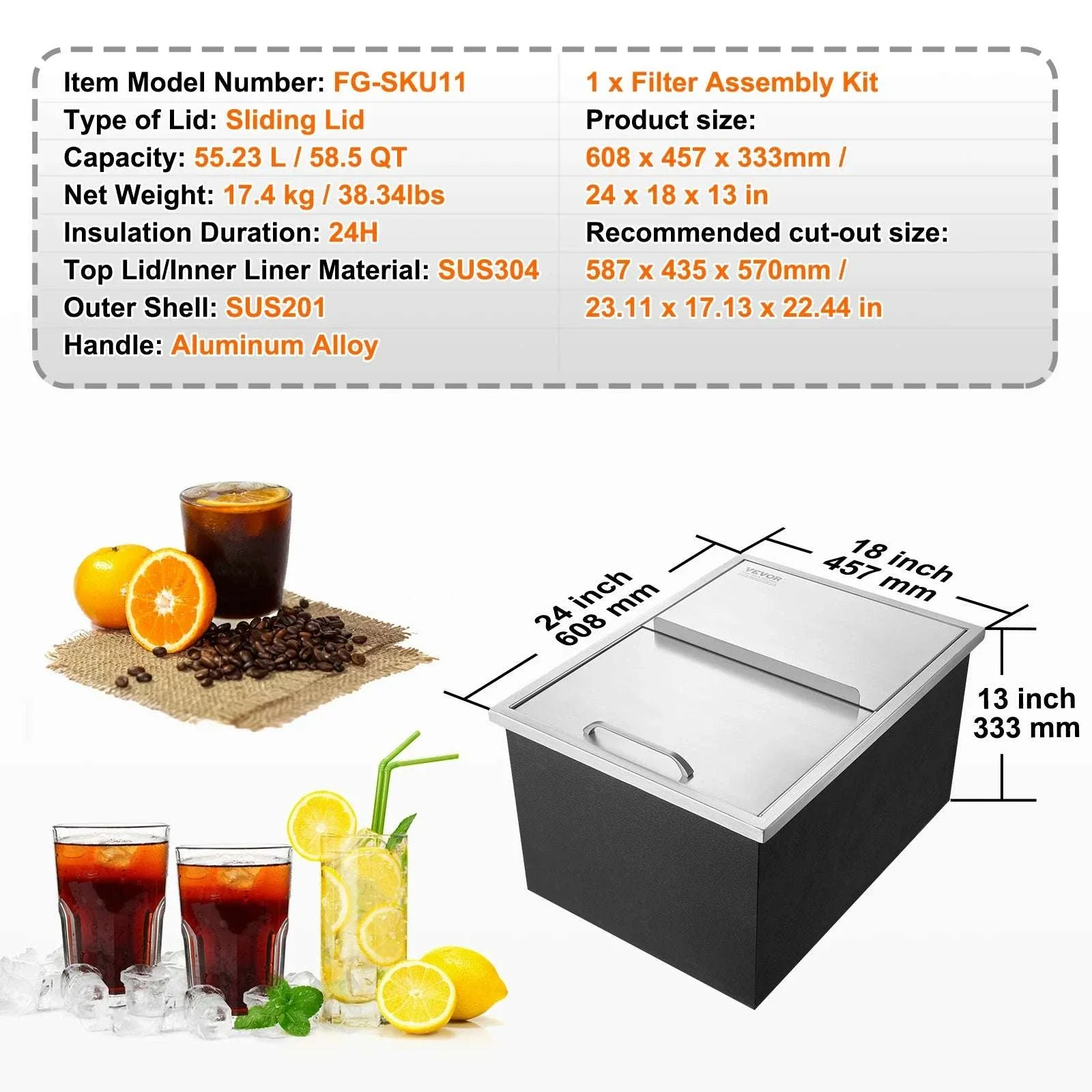 Drop-In Stainless Steel Ice Chest with Sliding Cover and Drain - Image 19