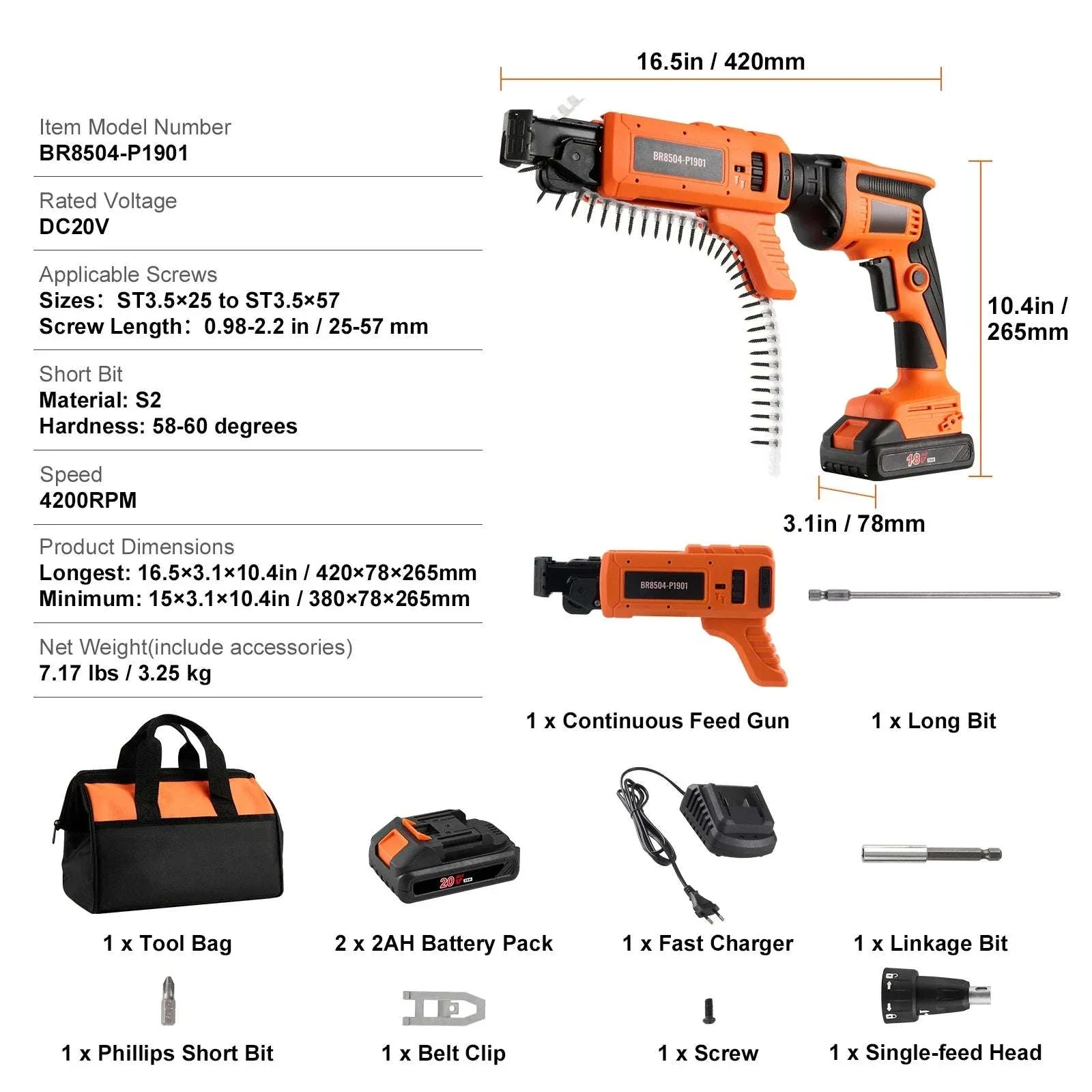 20V Cordless Drywall Screw Gun Kit 4200RPM Brushless with LED - Image 15