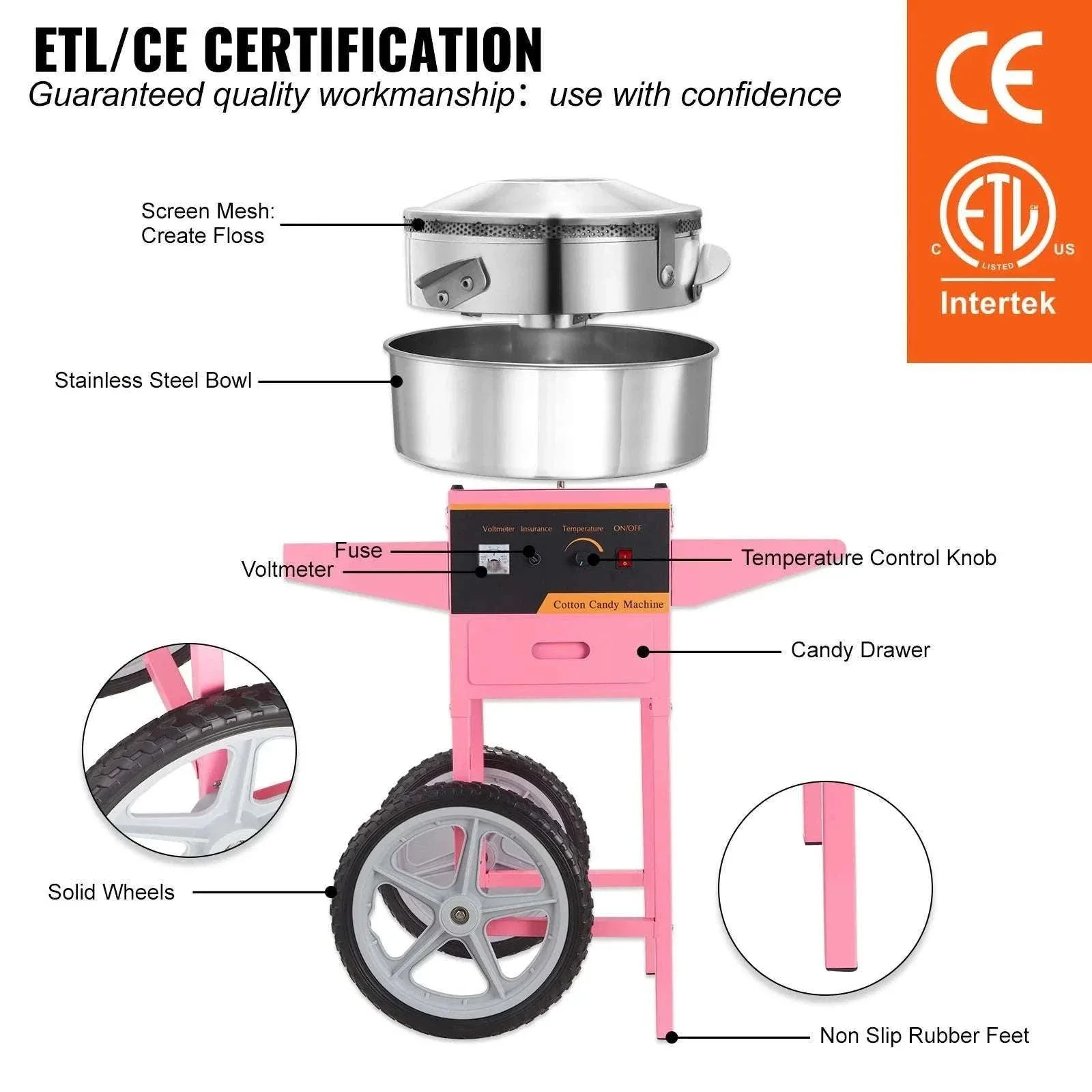 Commercial Cotton Candy Machine with Cart 1050W High Output Maker - Image 2