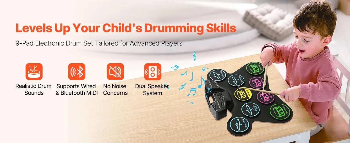 Kids Roll-Up Electronic Drum Set with 7 or 9 Pads & Pedals - Image 11