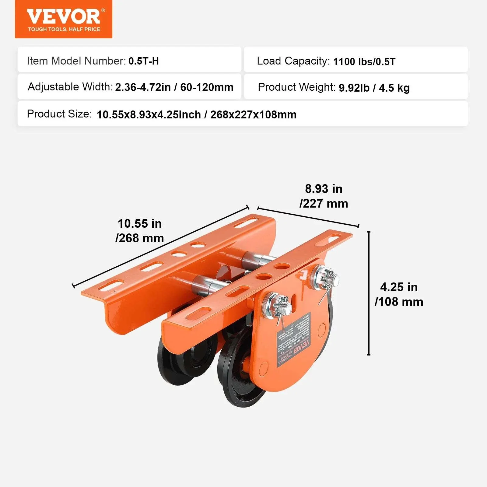 1T Manual Beam Trolley 2200 lbs Capacity Adjustable I-Beam Hoist - Image 16