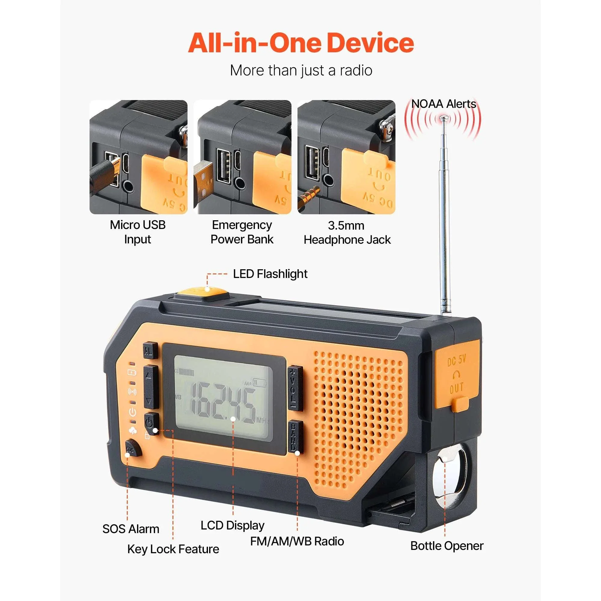 Emergency Weather Radio with NOAA Alert, Hand Crank & Solar Power - Image 5