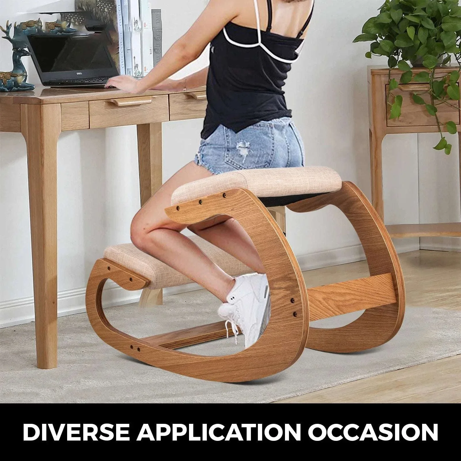 Ergonomic Kneeling Chair with Thick Cushion & Rocking Wood Frame - Image 2