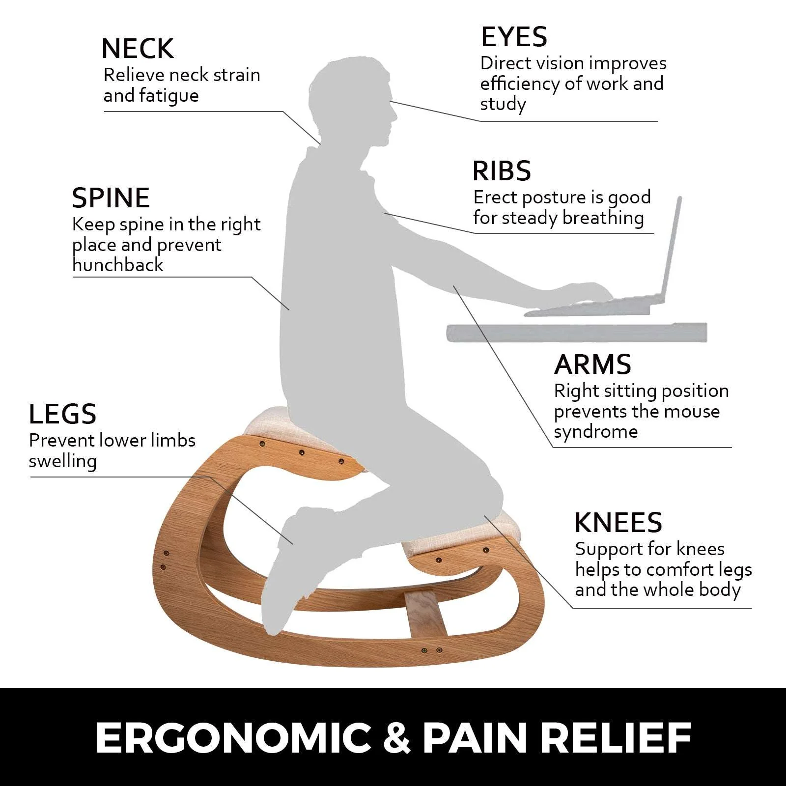 Ergonomic Kneeling Chair with Thick Cushion & Rocking Wood Frame - Image 9