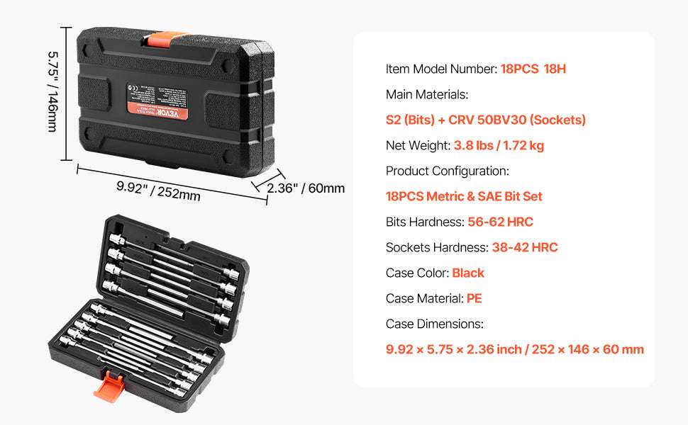 18-Piece Extra Long Allen Hex Bit Socket Set 3/8" Drive SAE Metric - Image 12