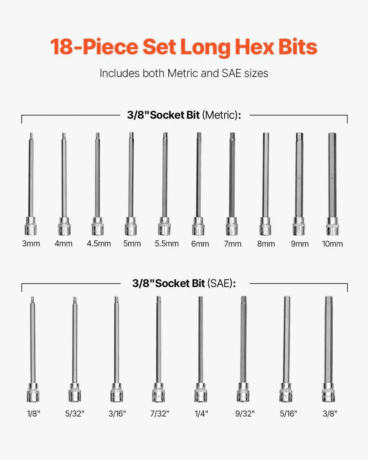 18-Piece Extra Long Allen Hex Bit Socket Set 3/8" Drive SAE Metric - Image 13