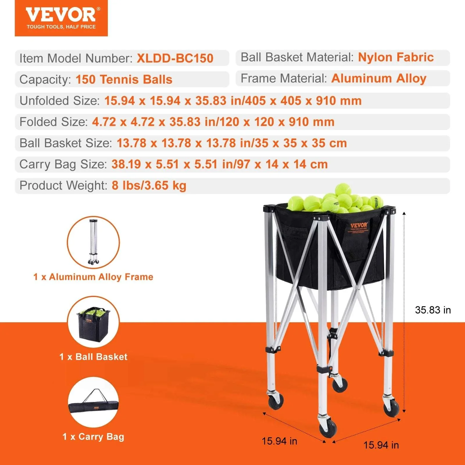 Foldable Tennis Ball Cart with Wheels Holds 150–180 Balls - Image 16
