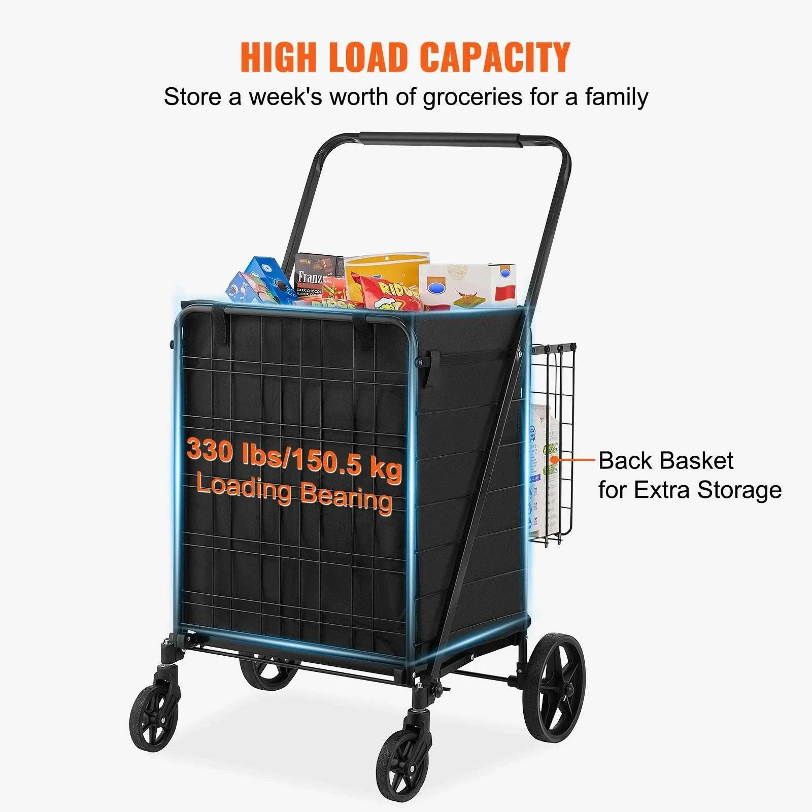 Folding Shopping Cart with Waterproof Liner & 330LB Capacity - Image 3