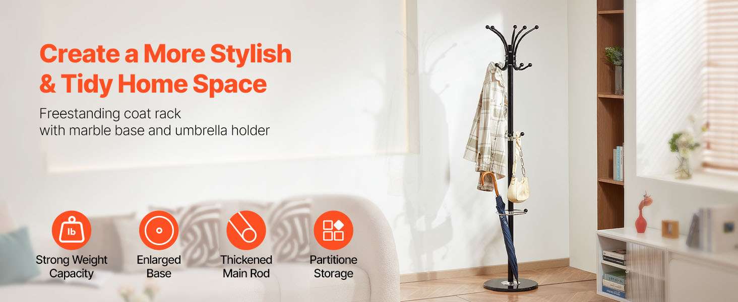 Freestanding Coat Rack with 14 Hooks & Marble Base Stand - Image 8