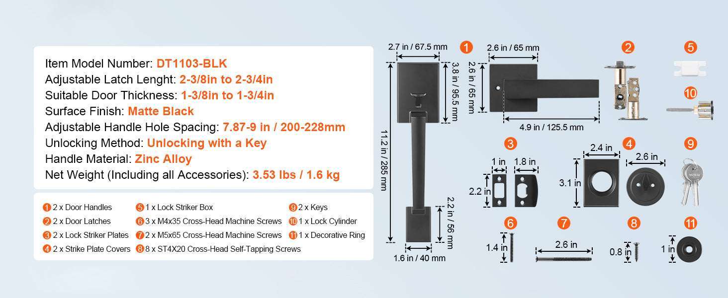 Matte Black Front Door Handle Set with Reversible Lever & Lock - Image 13
