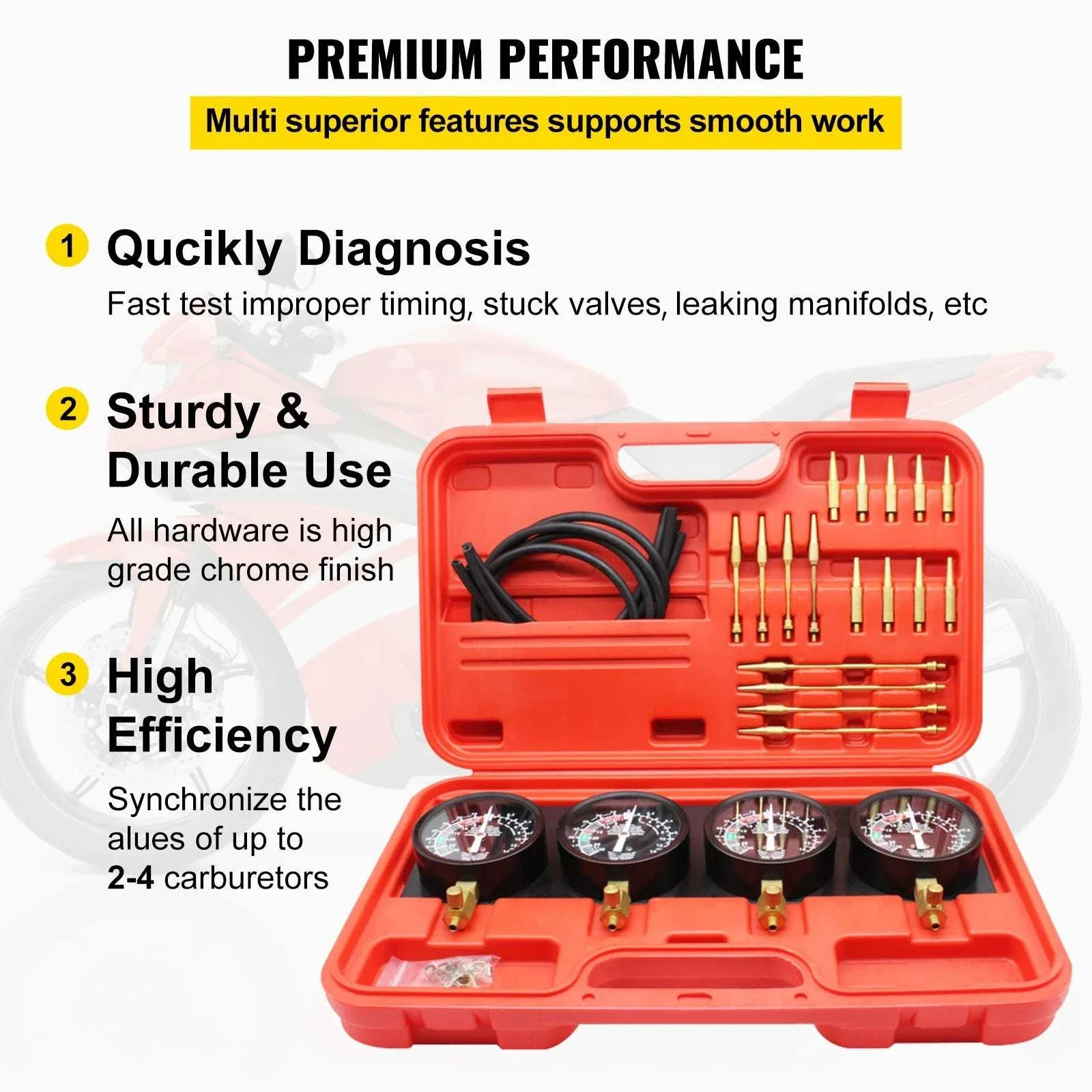 4-Gauge Carburetor Synchronizer Tool Kit with Hoses & Adapters - Image 4