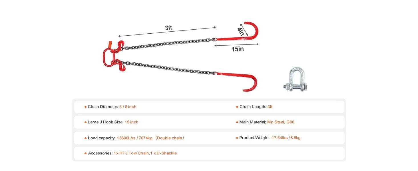 G80 V Bridle Tow Chain with J Hooks & Grab Hooks 15600 lbs - Image 13