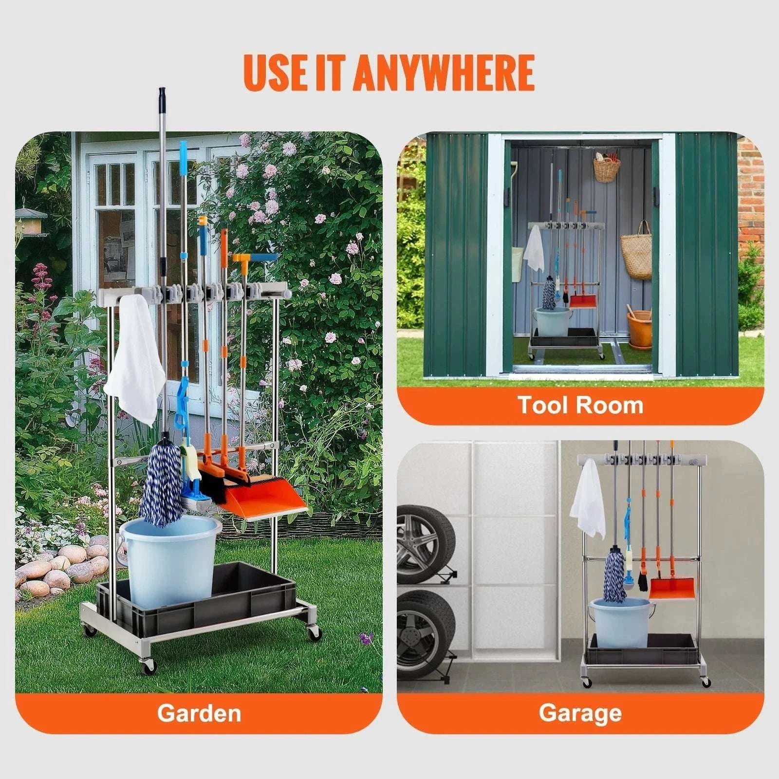 Garden Tool Organizer Rack with 10 Slots, Hooks & Rolling Wheels - Image 6
