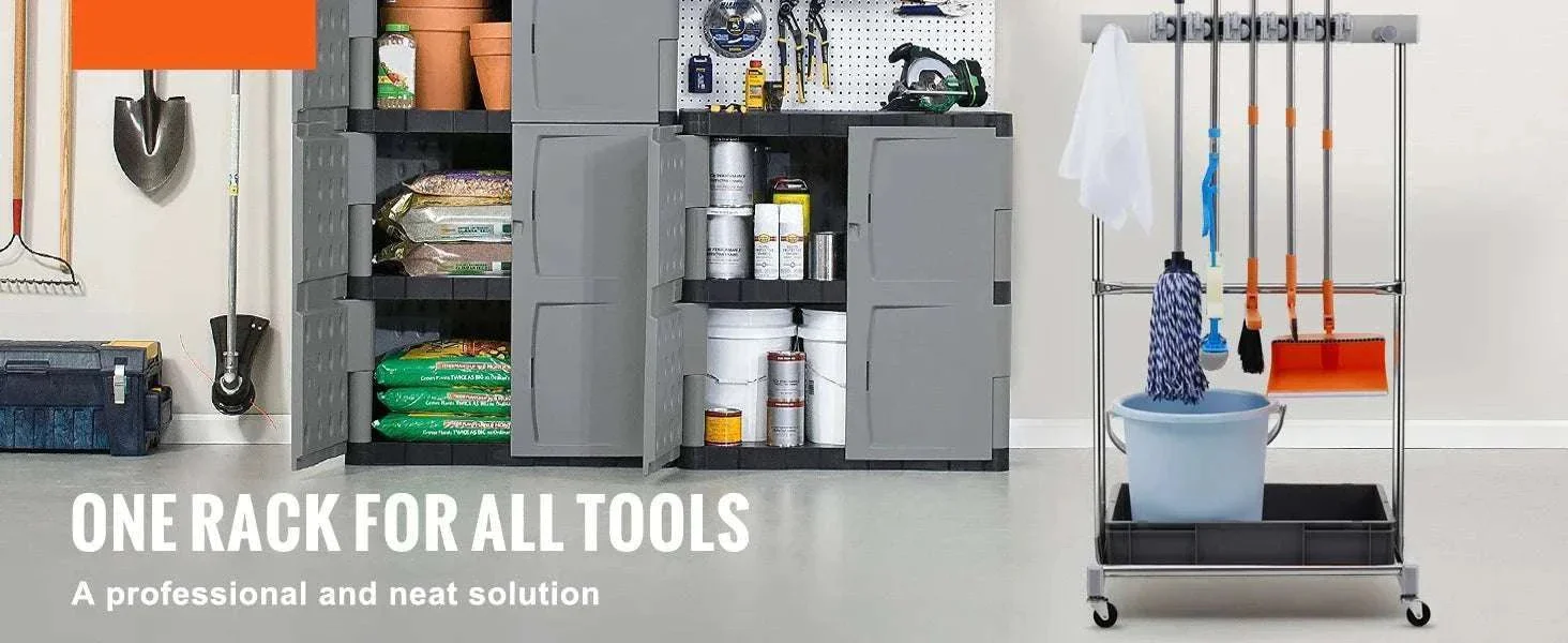 Garden Tool Organizer Rack with 10 Slots, Hooks & Rolling Wheels - Image 8