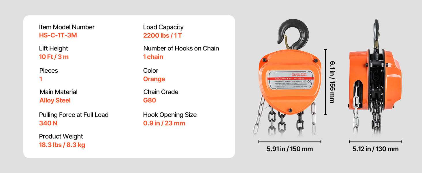 Manual Chain Hoist 1100–6600 lbs with G80 Chain, 10ft/20ft Lift - Image 21