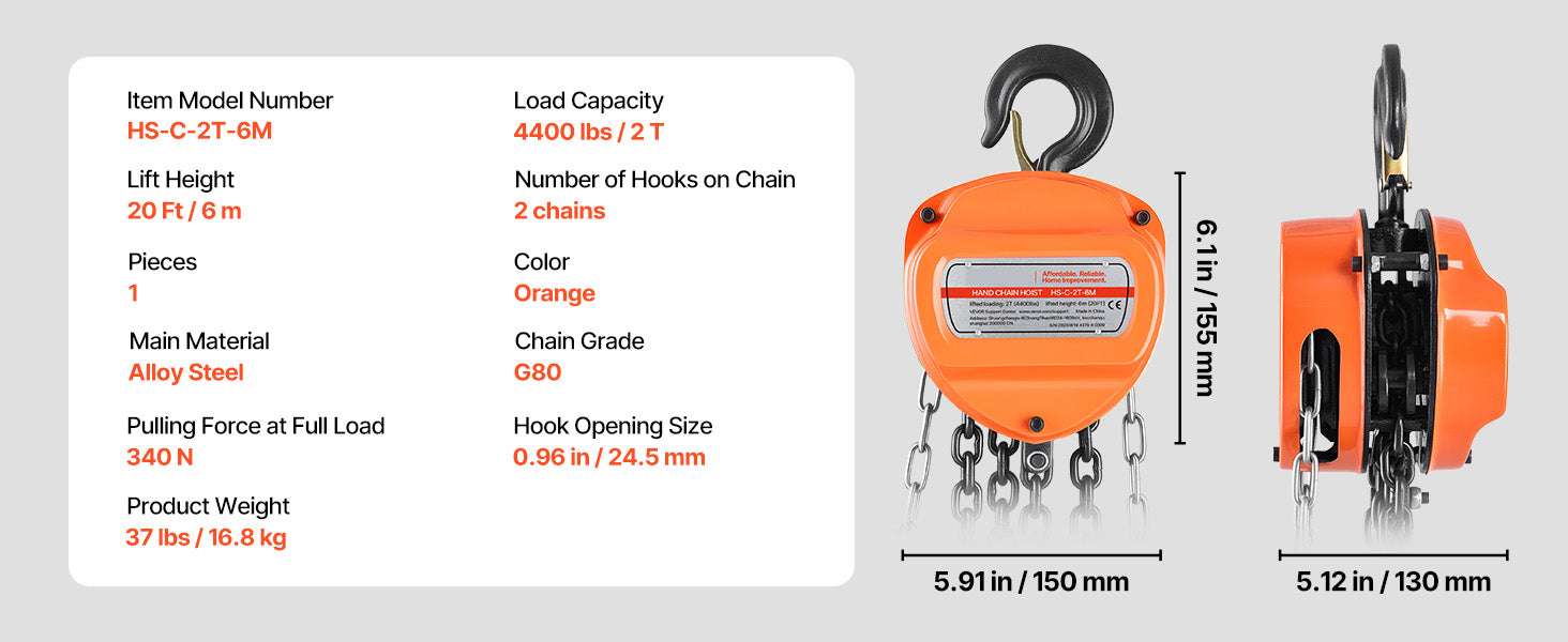 Manual Chain Hoist 1100–6600 lbs with G80 Chain, 10ft/20ft Lift - Image 24