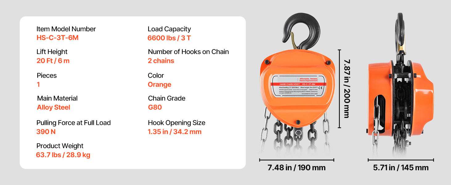 Manual Chain Hoist 1100–6600 lbs with G80 Chain, 10ft/20ft Lift - Image 26