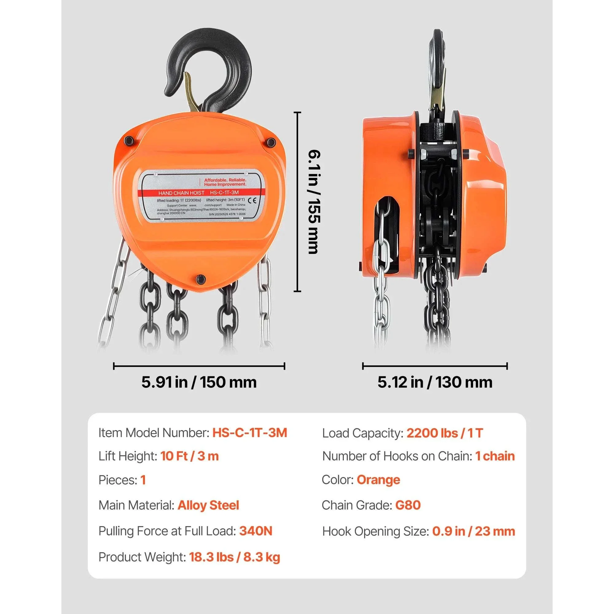 Manual Chain Hoist 1100–6600 lbs with G80 Chain, 10ft/20ft Lift - Image 27