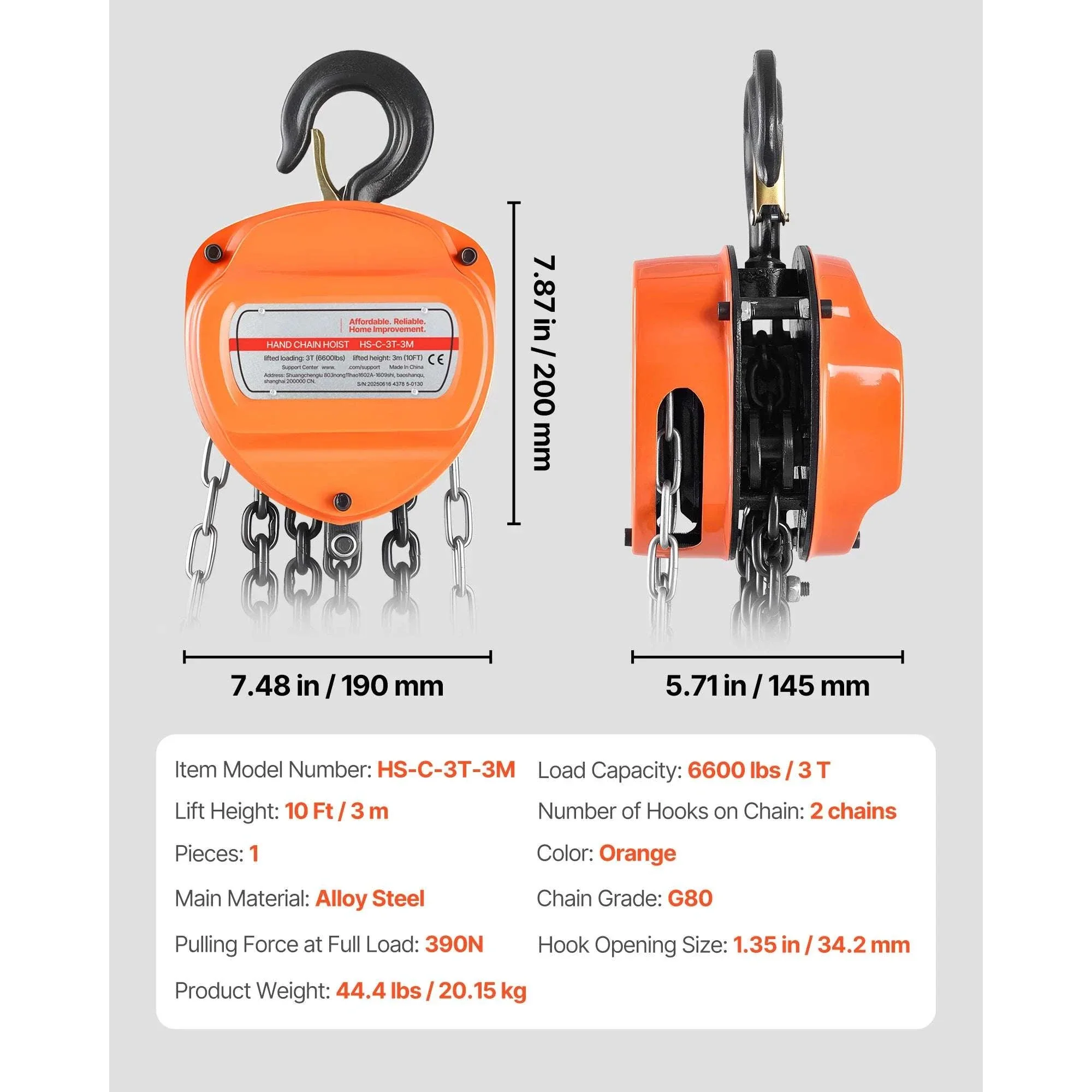 Manual Chain Hoist 1100–6600 lbs with G80 Chain, 10ft/20ft Lift - Image 30