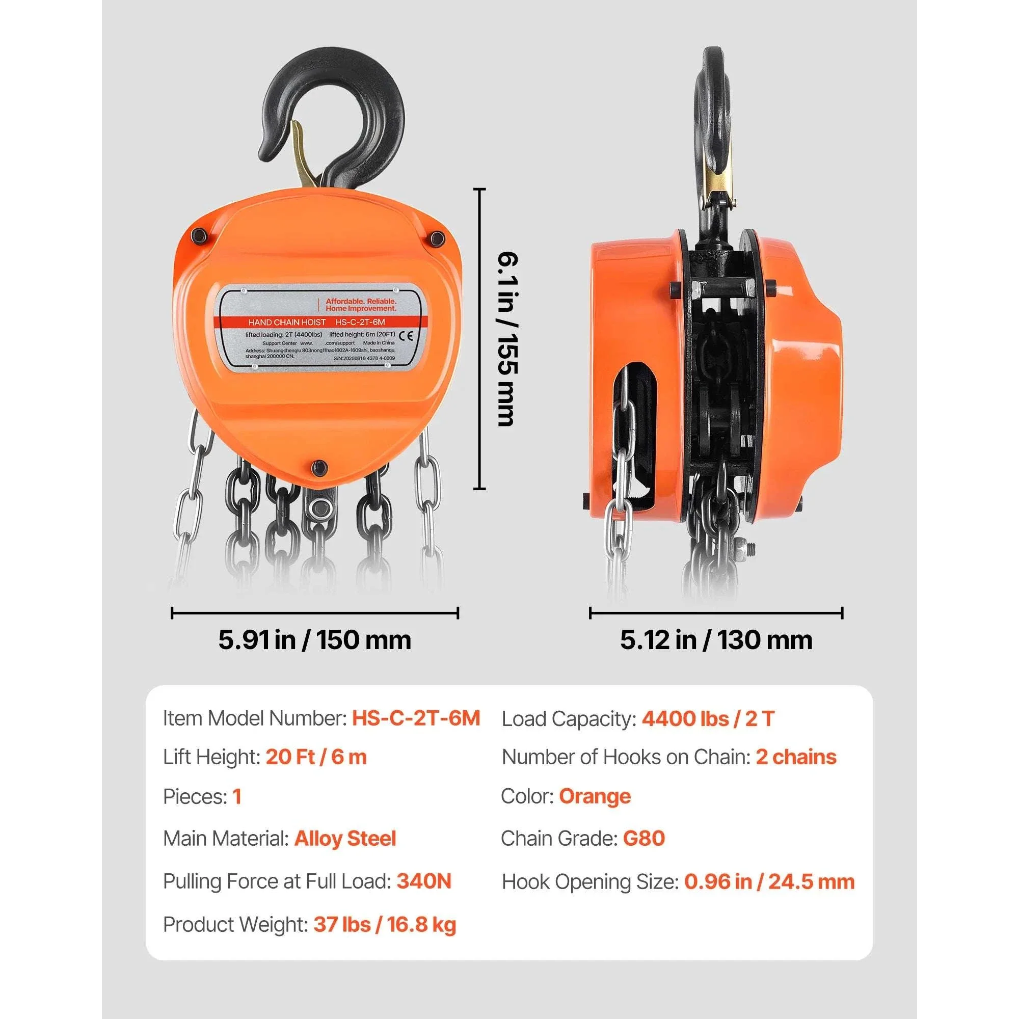 Manual Chain Hoist 1100–6600 lbs with G80 Chain, 10ft/20ft Lift - Image 31