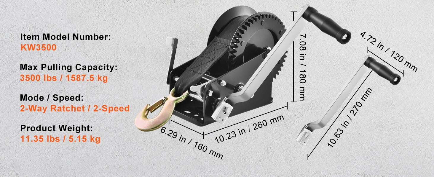 Heavy Duty Hand Winch with Strap & Two-Way Ratchet (Up to 3500 lbs) - Image 13