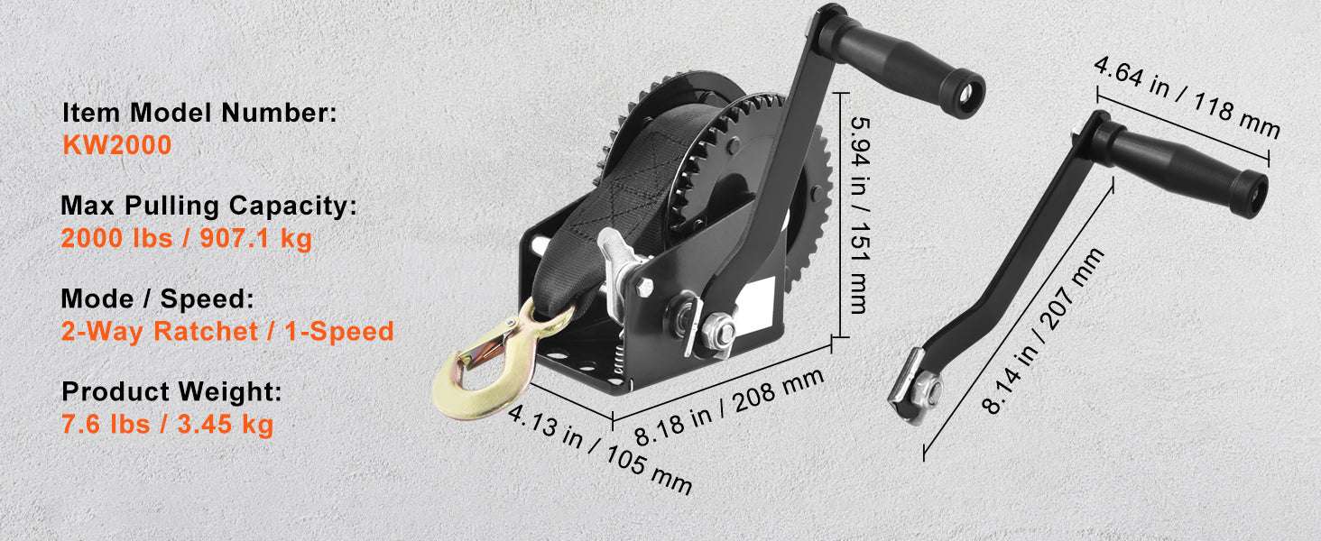 Heavy Duty Hand Winch with Strap & Two-Way Ratchet (Up to 3500 lbs) - Image 14