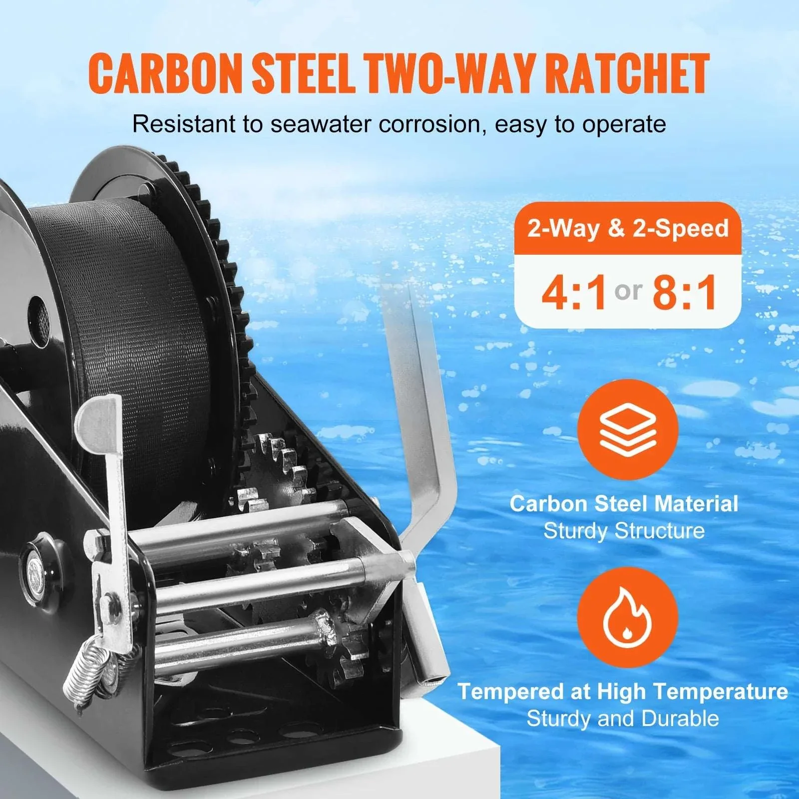 Heavy Duty Hand Winch with Strap & Two-Way Ratchet (Up to 3500 lbs) - Image 3