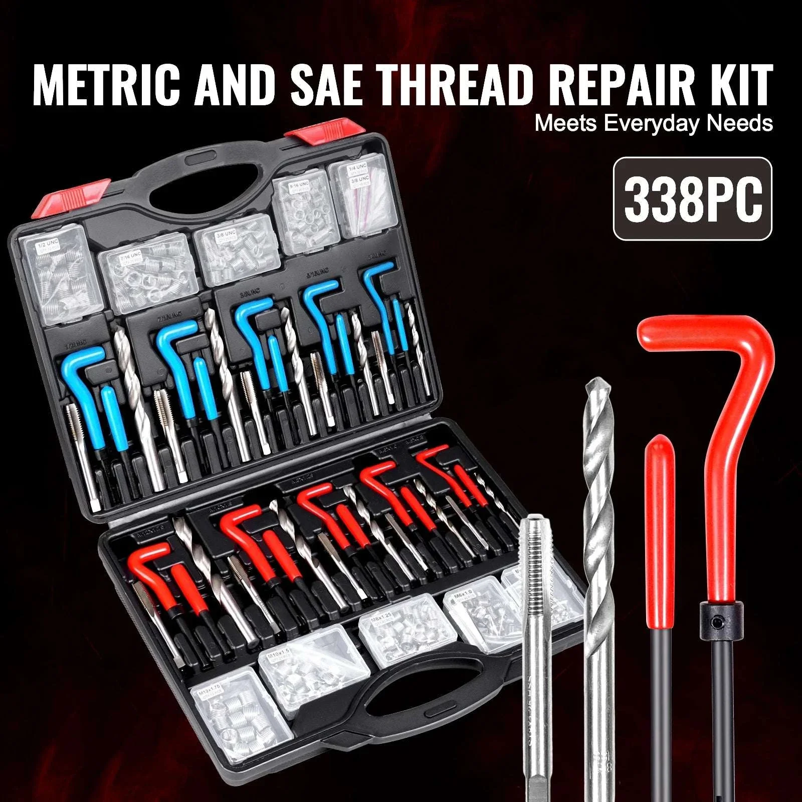 338PCS Helicoil Thread Repair Kit SAE & Metric Drill Tap Set - Image 3