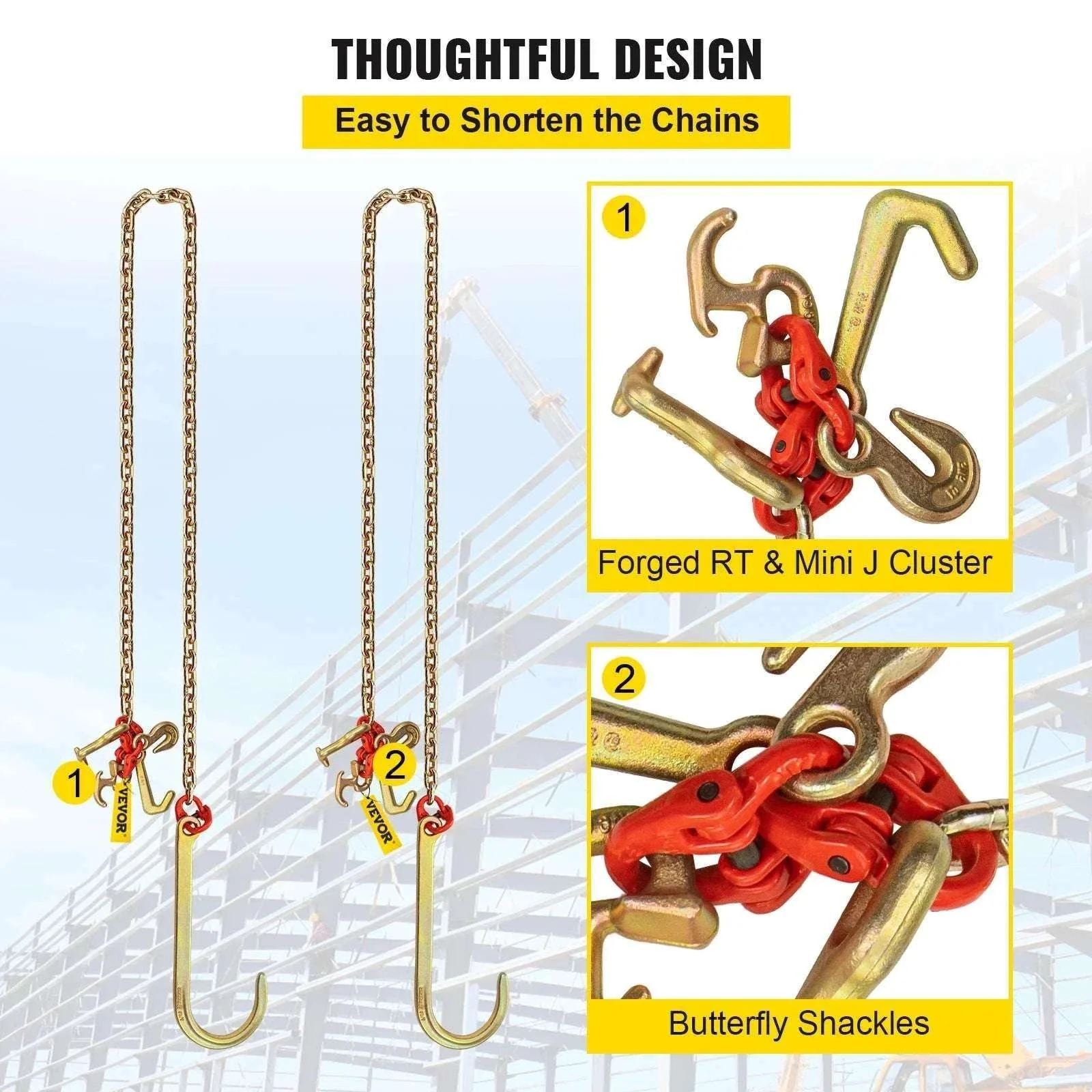 G80 J Hook V-Bridle Tow Chain 5/16in x 10–11.5ft 9260 lbs - Image 3