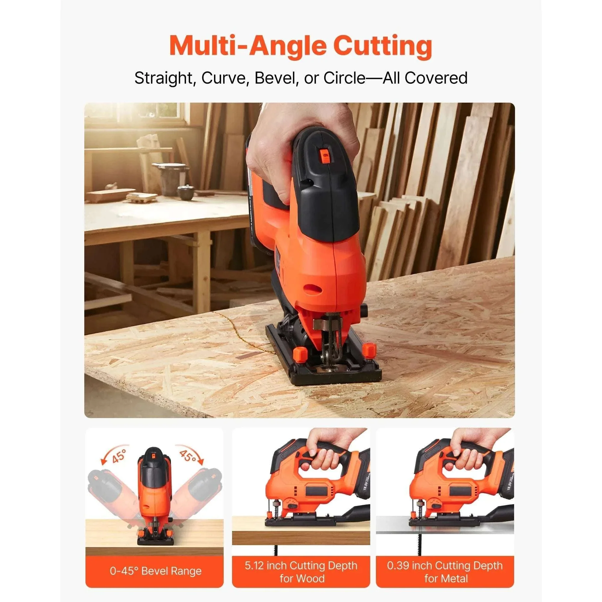 Variable Speed Jig Saw with LED Light & 0–45° Bevel Cutting - Image 3