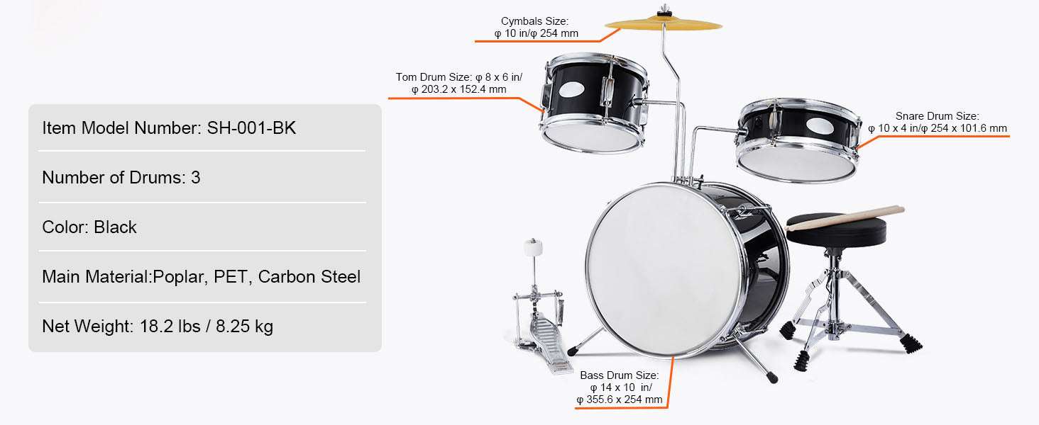 Kids 3-Piece Drum Set with 14" Bass, Adjustable Throne & Cymbal - Image 13