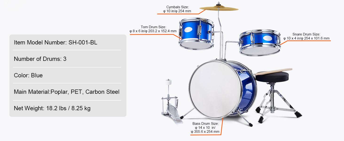Kids 3-Piece Drum Set with 14" Bass, Adjustable Throne & Cymbal - Image 14