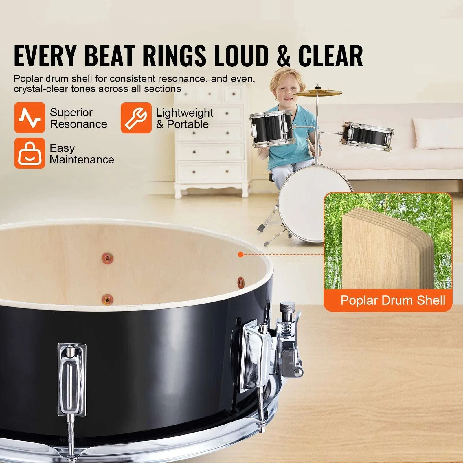Kids 3-Piece Drum Set with 14" Bass, Adjustable Throne & Cymbal - Image 2