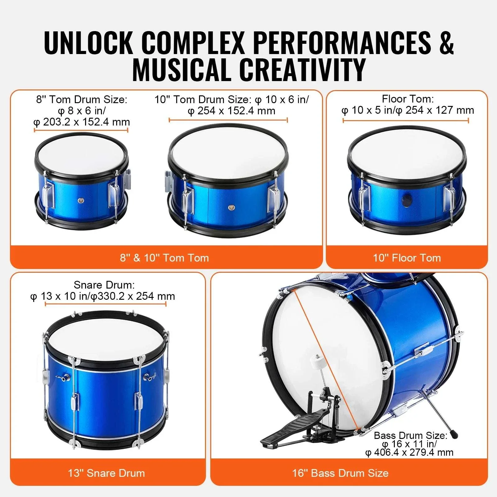 5-Piece Kids Drum Set 16'' Beginner Kit with Bass, Snare & Toms - Image 3