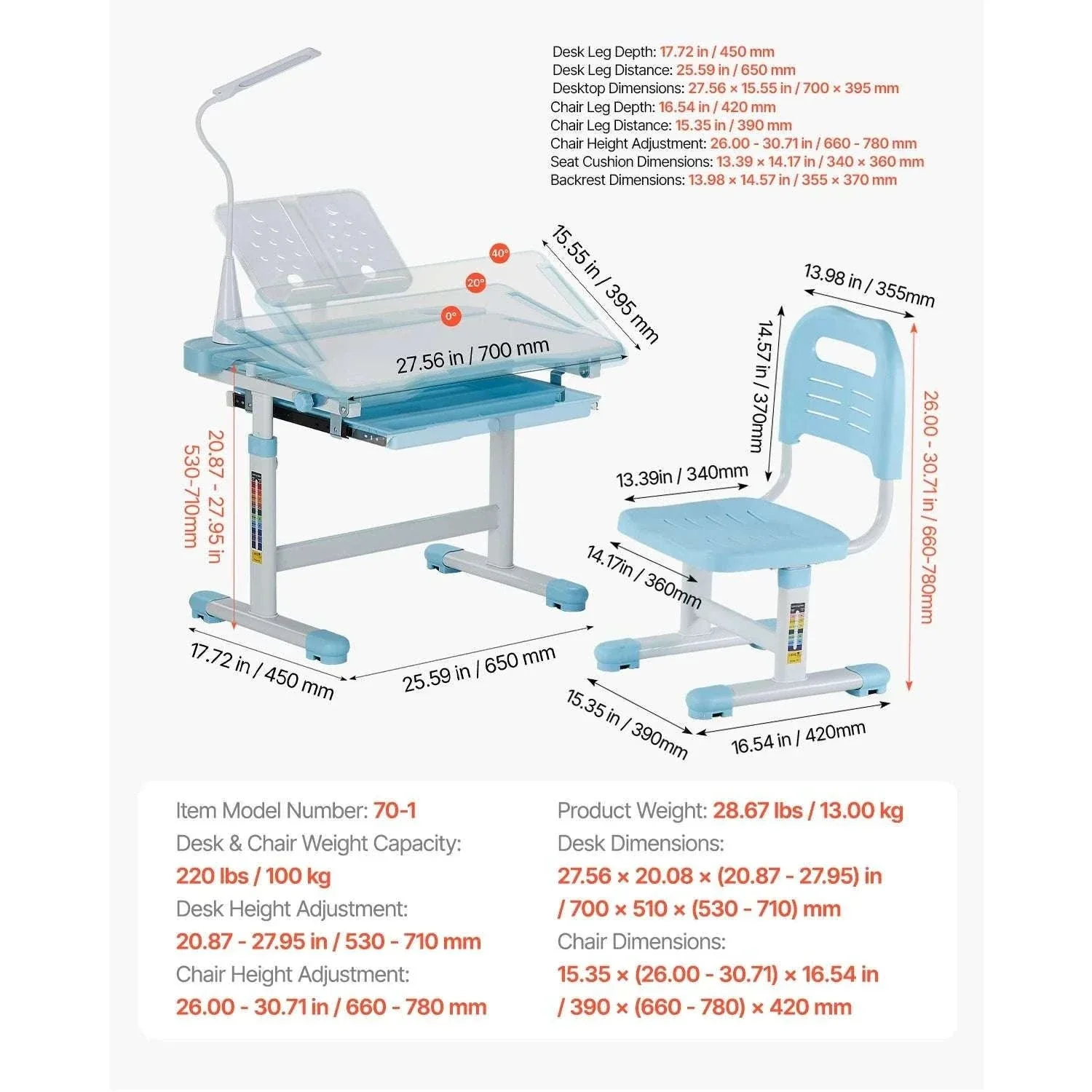 Adjustable Kids Study Desk and Chair Set with Lamp & Storage - Image 20