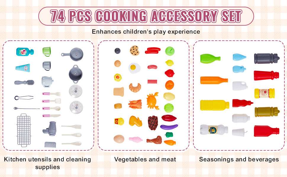 Kids Kitchen Playset 74PCS with Lights & Sounds 3-in-1 Chef Toy Set - Image 12
