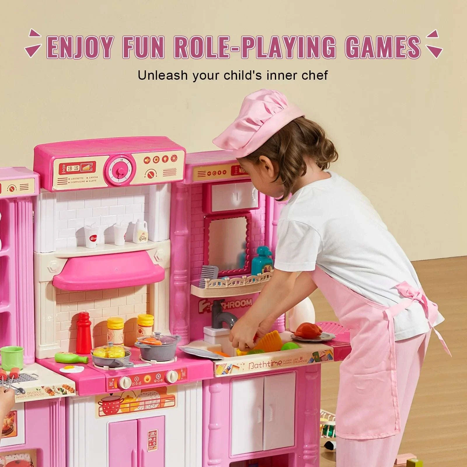 Kids Kitchen Playset 74PCS with Lights & Sounds 3-in-1 Chef Toy Set - Image 6