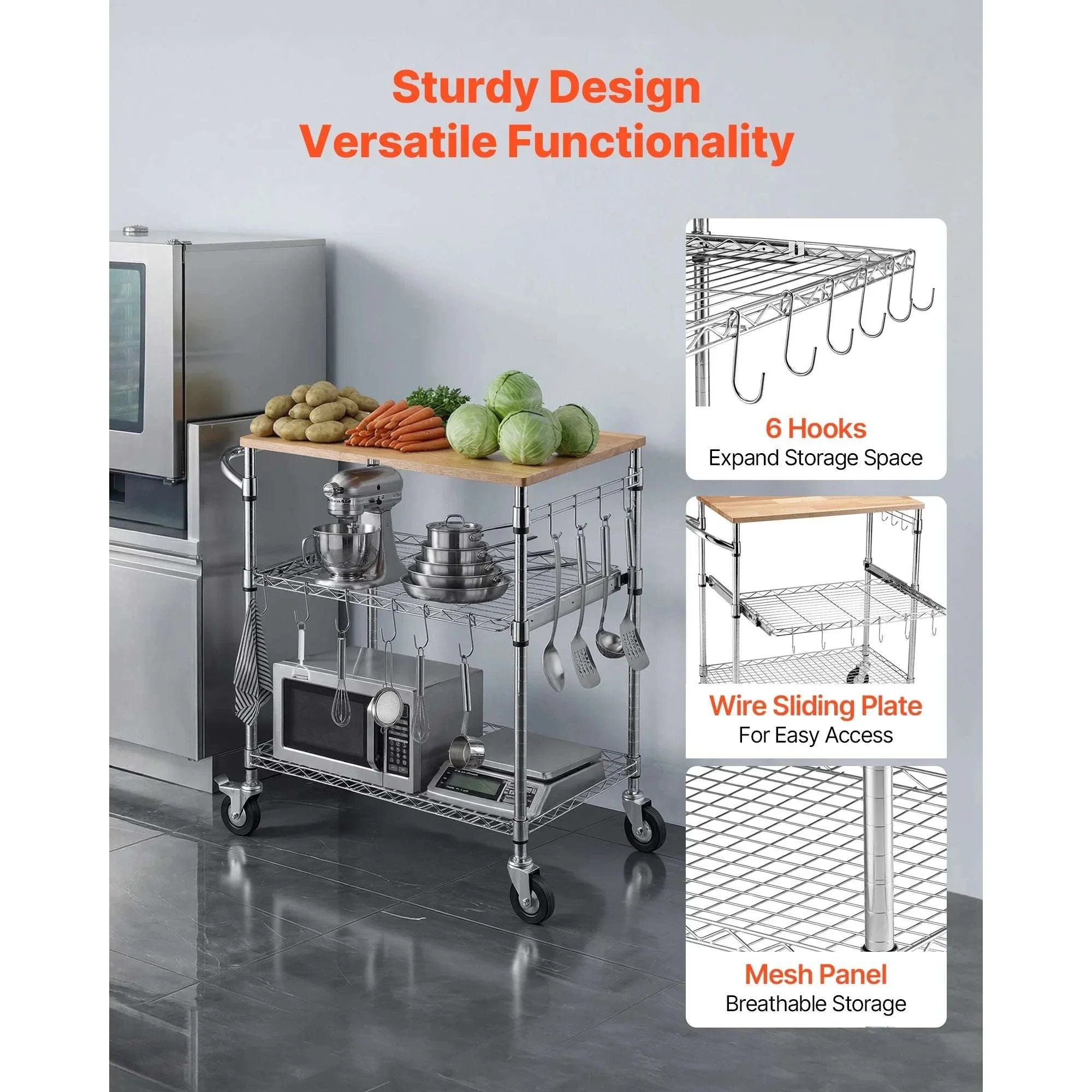 3-Tier Kitchen Utility Cart with Adjustable Shelves and Wheels - Image 6